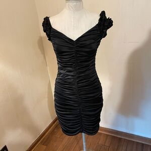 Vintage 90s ZUM ZUM Bodycon Shirred Black DRESS 11/12 Small